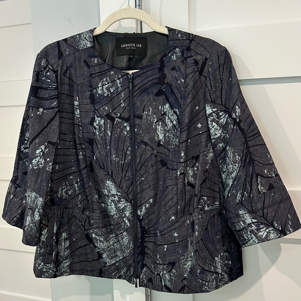 Lafayette 148 New York Metallic Navy and Silver Patterned Zip Jacket